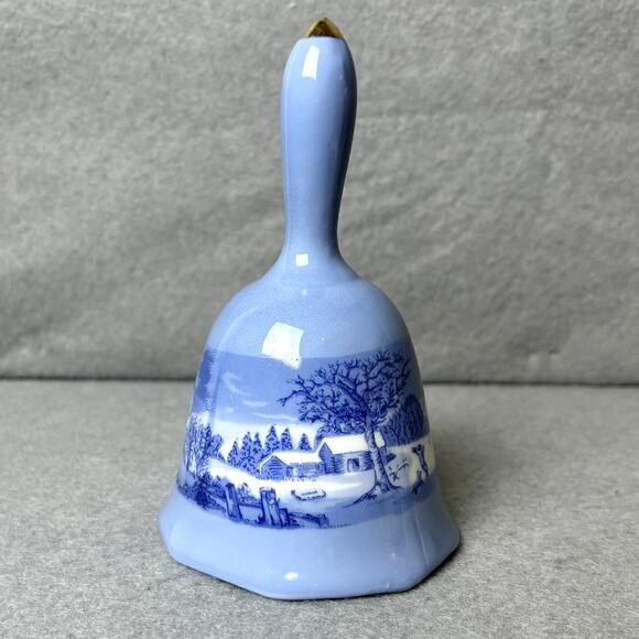 Blue Porcelain Ceramic Vintage Blue and White Decorative Winter Farm Scene Bell - Picture 1 of 5